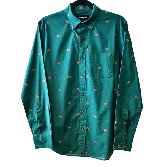 Bonobos Mens Size S Green Hockey Bear Print L/S Button Up Slim Fit Shirt Flaw - Picture 2 of 8